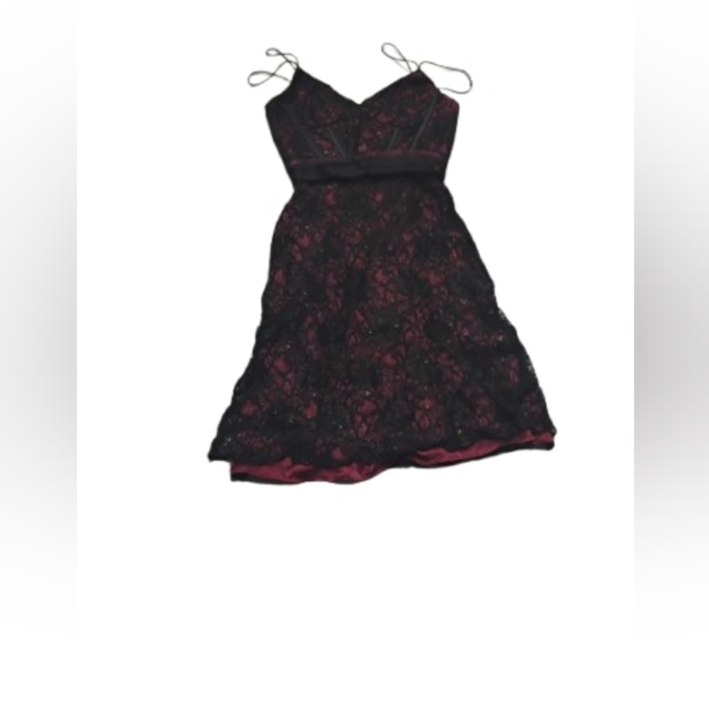 Vintage 1990s 2000s Badgley Mischka Red Black Lace Corset Dress Sz 2